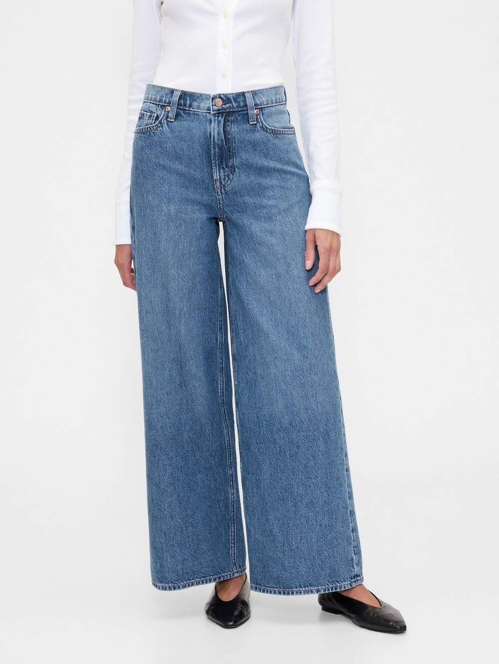 GAP Baggy Mid-Rise Jeans Wide Leg Medium Blue Wash Rigid Denim Size 29 / 8R